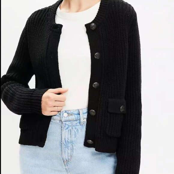 ANN TAYLOR LOFT THICK RIBBED WASHED BLACK PEWTER MILITARY BUTTON CARDIGAN JACKET - Picture 1 of 7